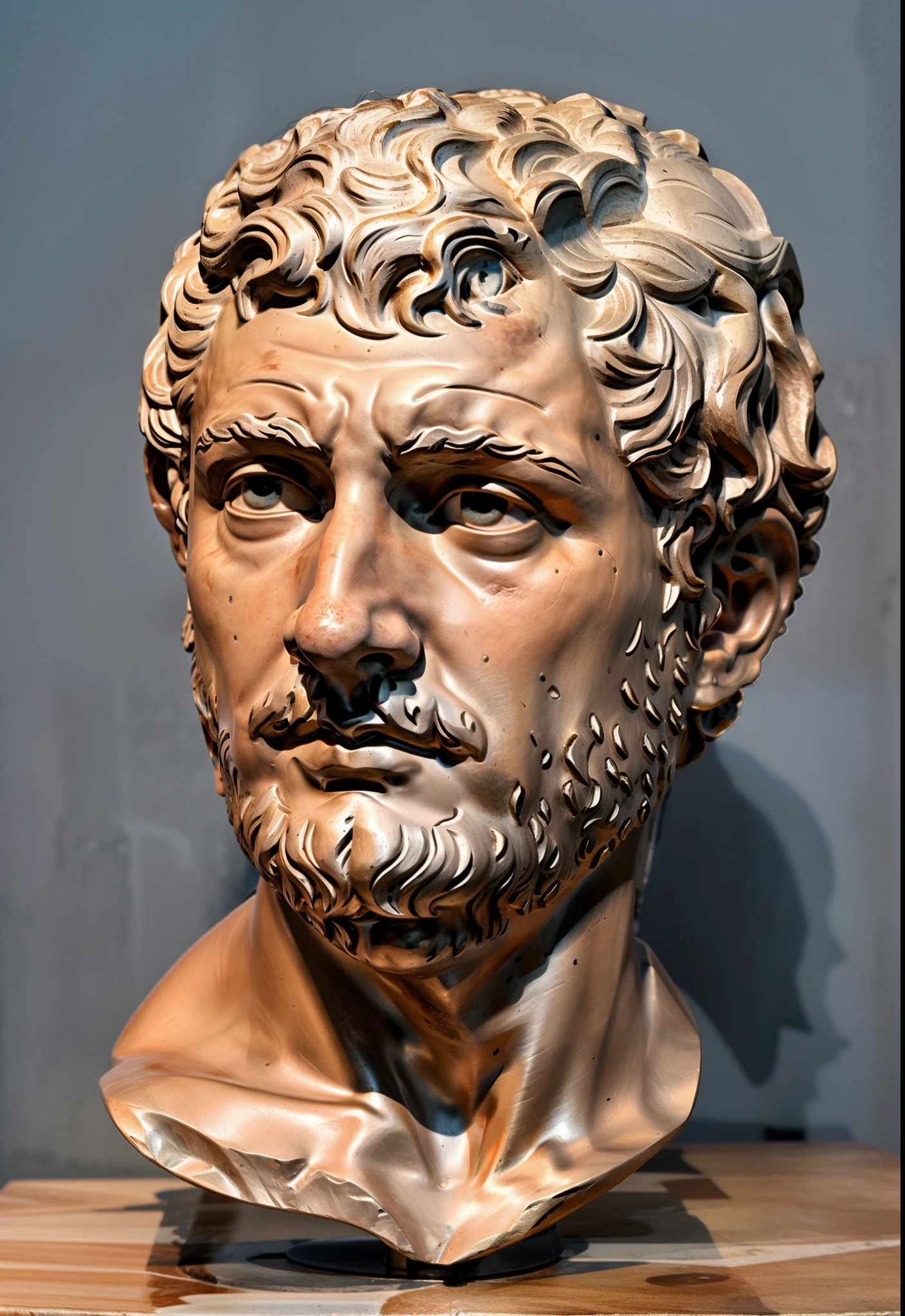 a close up of a bust of a man with curly hair, fayum portrait, male face and bust, stoic facial expression, roman sculpture, roman face, ancient rome man, stoic face, bust of hercules, greco roman statue, inspired by Pietro Testa, roman, bust, an ancient male bearded face, bust with intricate details, artist unknown