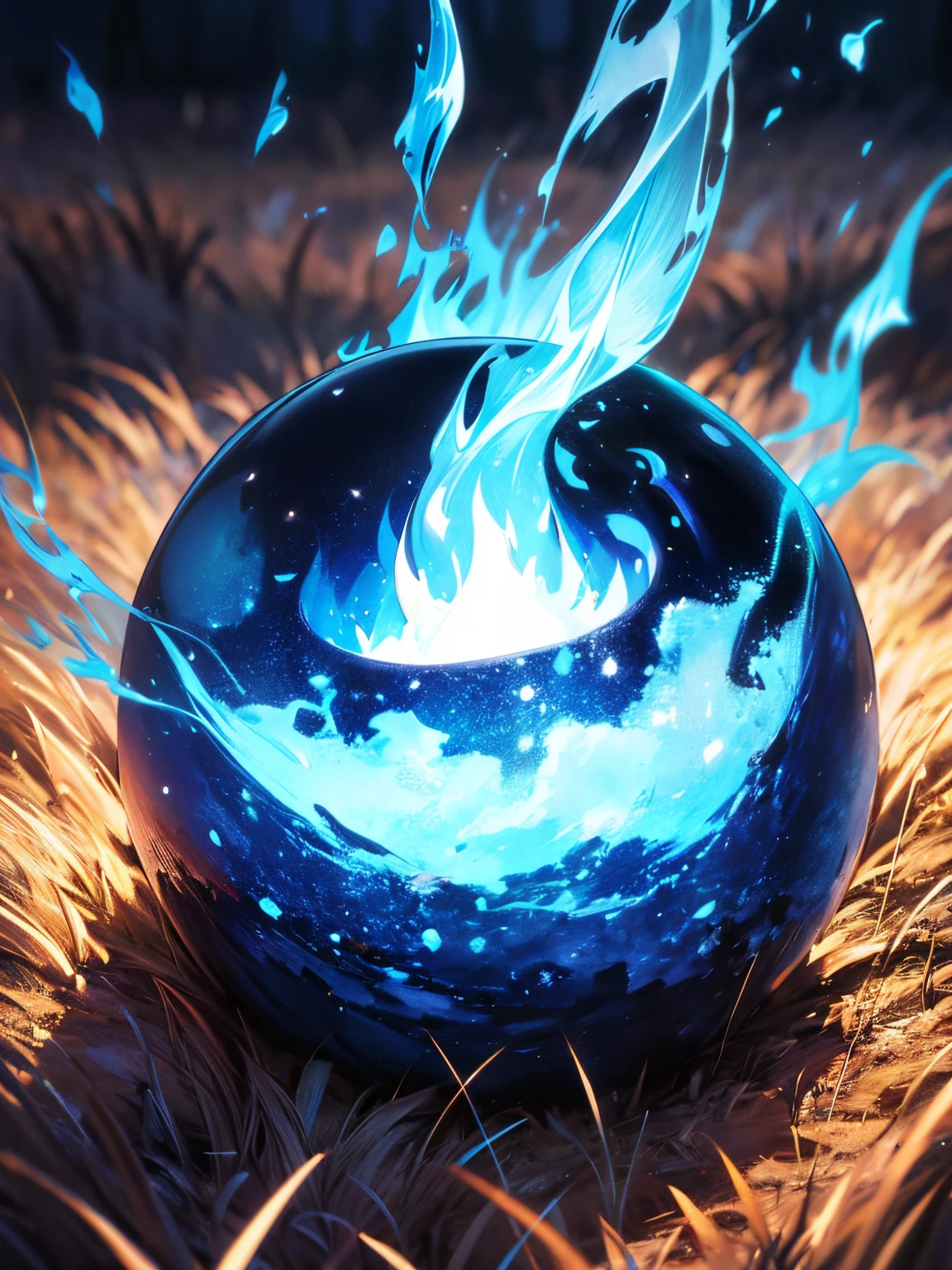 A blue flame ball, cold fire, freezing the grass in a field on explosion, summer night