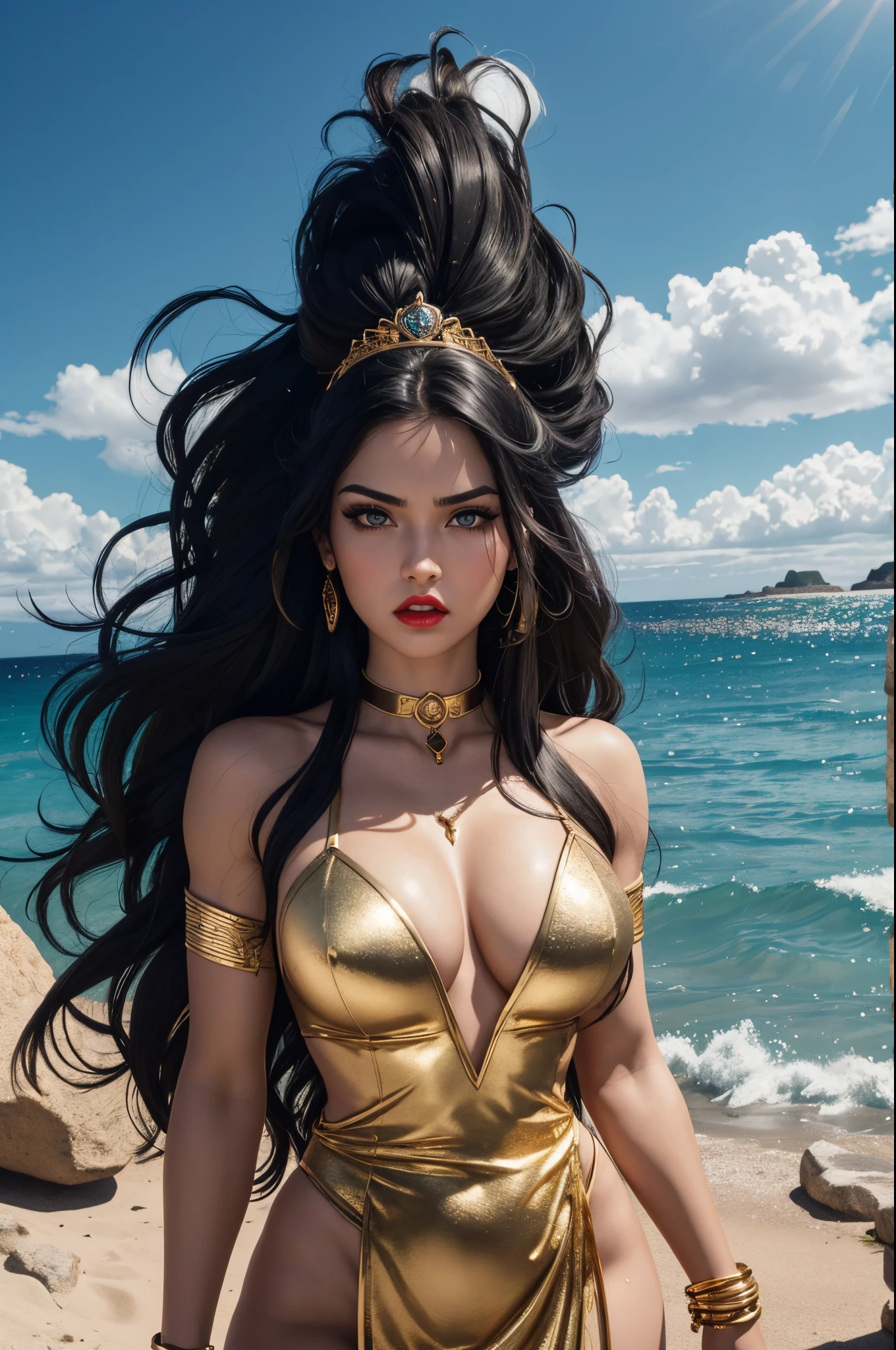 BOMBSHELL GODDESS, WARRIOR WOMAN, NORTHERN WOMAN BEAUTY, HUGE LONG HAIR, BLACK HAIR, PALE SKIN, VERY PAVE SKIN, EXPRESSIVE EYES, RED LIPS, ROSY CHEEKS, ANGRY FACE EXPRESSION, ATHLETIC BODY, MUSCLES, LONG GREEN DRESS, GOLD DETAILS, GOLD BRACELETS, GOLD CHOKE COLLAR, GOLD TIARA, WIND EFFECTS, DESERT ISLAND, SEA, ROCKS, SUN, MYTHOLOGICAL ATMOSPHERE, ACCURATE IMAGE, MASTERPIECE.