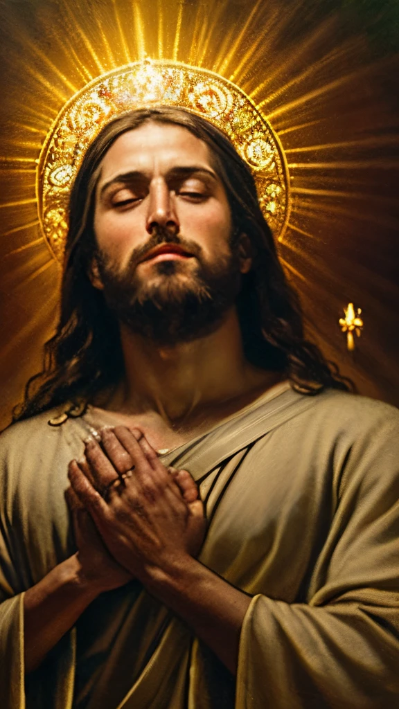 jesus christ, Tough guy, (Best Quality, hight resolution:1.2) Portrait, bright colours, expressive eyes and lips, Charismatic aura, Sacred halo, detailed beard and hair, Divine rays of light, peaceful atmosphere, oil painting, Spiritual essence, deep meaning, serene expression, Powerful presence, Iconic performance, Meaningful Symbolism, heavenly complexion, Heavenly Radiance, Peaceful background, impressive figure, compassionate look, Majestic posture, A timeless masterpiece, Renaissance style.