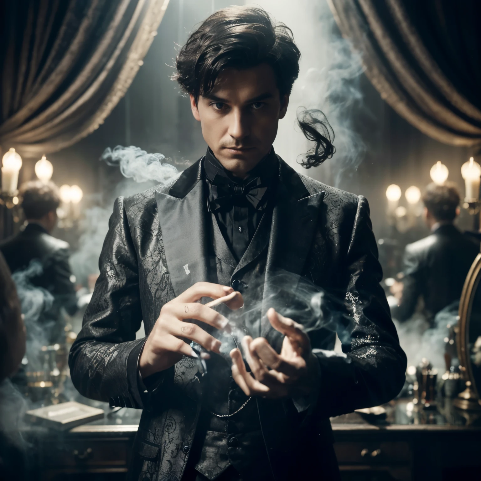 Photo of a Victorian magician in a gunmetal black suit, surrounded by a set of smoke and lots of mirrors. His hands are performing an illusion. Mysterious, dark and magical atmosphere. Photorealistic.
