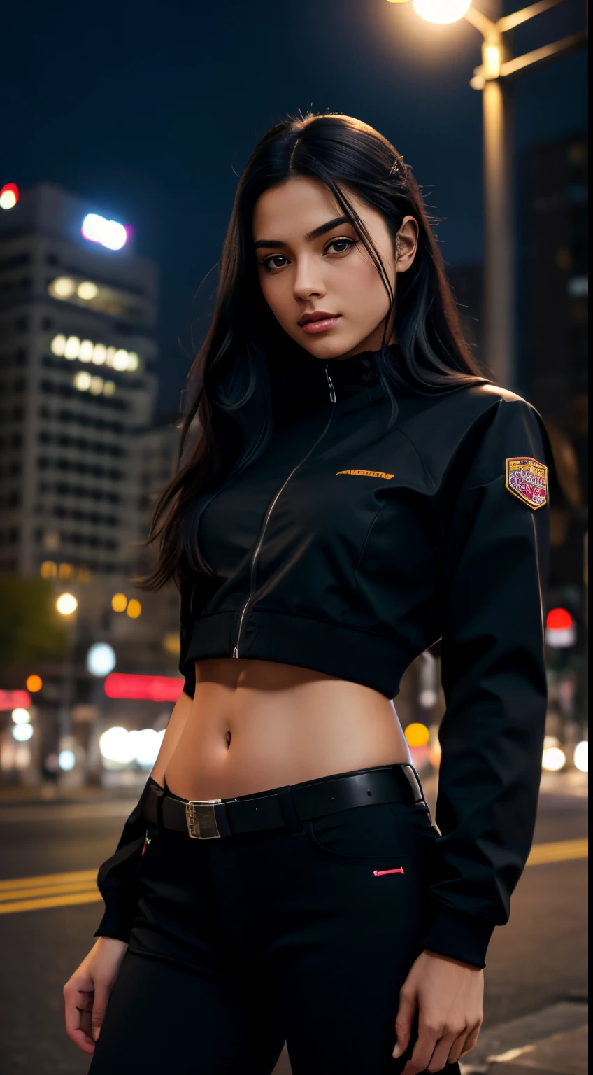 photorealistic:1.4, masterpiece, best quality, solo, Detailed face:1.2, perfectly proportions, photos realistic, ,Photo of mature Ukraine college girl, raw , long black hair, techwear, blurry background, eye focus, cowboy shot, huge city background, facing front, dramatic light, cinematic light, realistic, realism
