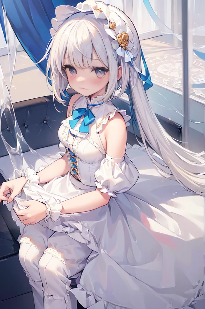 (Masterpiece, Slim Body, Delicate Fingers: 1.2), Best Quality, (Illustration: 1.2), (Hyper Detail), Eye Focus, Ultra Detail, (Fine Detail), (Intricate Detail), HDR, (Ultra Detail: 1.15), (Soft Light: 1.2), 1girl, ((ouji_lolita:1.5), (short white pant: 1.8), (costume with blue accents:1.2), (White hair and blue highlights:1.5),cyan eyes, medium, short hair, solo, (medium breasts:1.2), masterpiece, (blushing:1.3),  best quality, highly detailed, (loli:1.5), fullbody image