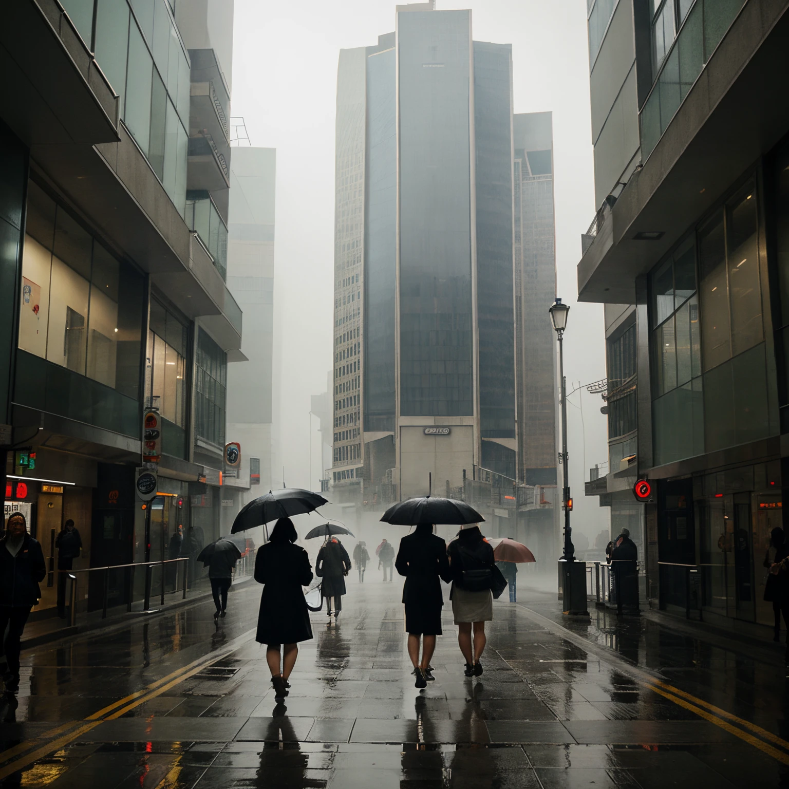 Pedestrians holding umbrellas walking through high-rise buildings in foggy city