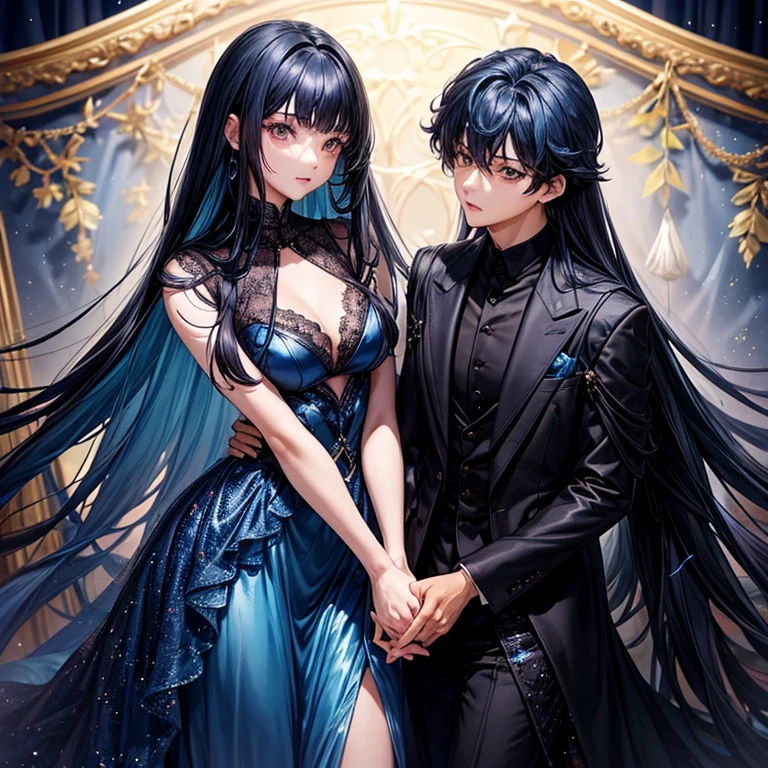 jungkook in blue Vanitas outfit with sexy body and long silky dark blue hairs kissing a brown girl who have long black hairs and short height and she is wearing a dark blue glitter pattern gown