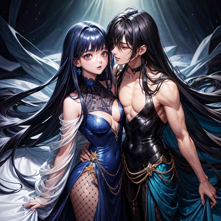 jungkook in blue Vanitas outfit with sexy body and long silky dark blue hairs kissing a brown girl who have long black hairs and short height and she is wearing a dark blue glitter pattern gown