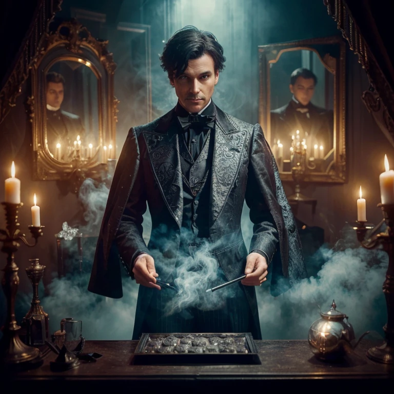 Photo of a Victorian magician in a gunmetal black suit, surrounded by a set of smoke and lots of mirrors. His hands are performing an illusion. Mysterious, dark and magical atmosphere. Photorealistic.