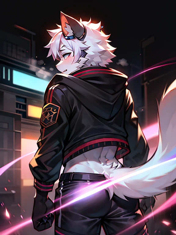 white cat, male people, Alone, Crossing obstacles with black goggles), 城市, from back, , (Neon Cyberpunk Jacket),Black  shorts, With his eyes closed, Earphone, Steam waves， detailed shadow, (dynamic blur (Background with)), cyber punk personage，The tail  cocked