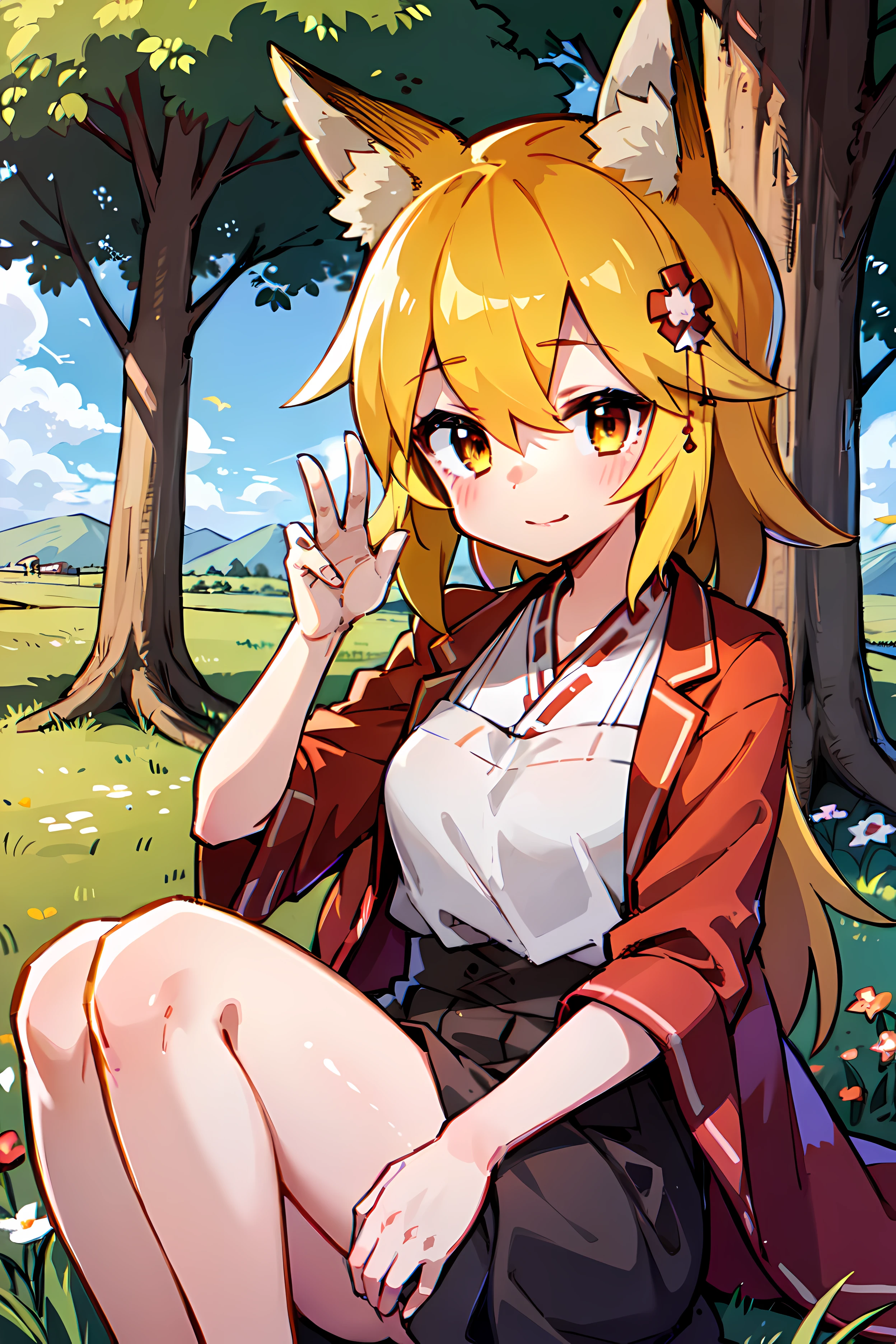 A girl, Fox ears, 4K Image, flowers of different colors, field, Beautiful trees, Maximum details, village, at home, Beautiful cloud