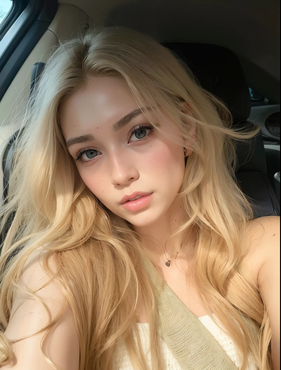 Mulher de cabelos loiros com cabelo longo sentada em um carro, longos cabelos loiros e olhos grandes, rosto extremamente bonito, pale skin curly blond hair, longos cabelos loiros e olhos grandes, cara muito bonita, loira bonita, uma meninaabelo loiro, cabelos loiros e olhos grandes, lindo modelo jovem, rosto perfeito ), lindo rosto delicado, pale glowing skin, com longos cabelos loiros