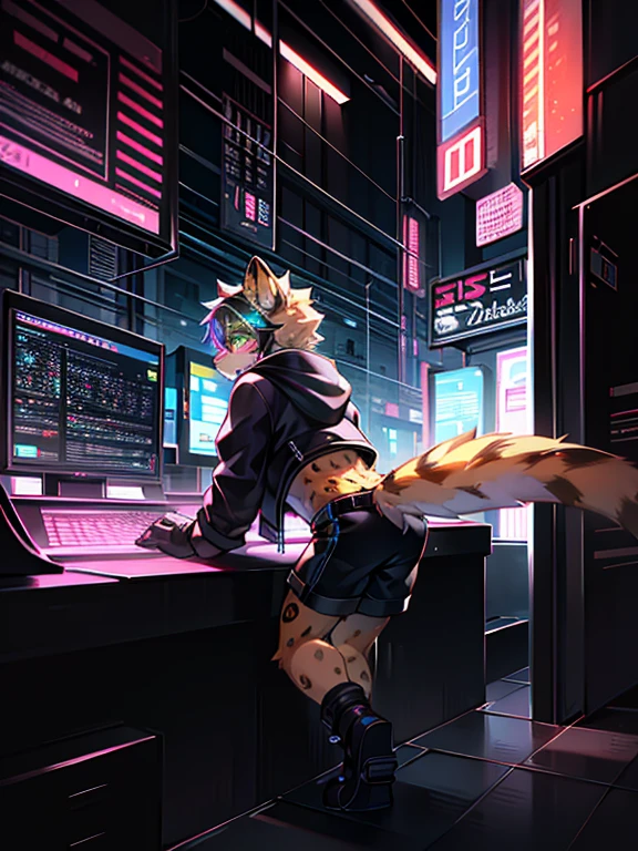 cheetah, male people, Alone, human character, (bend over obstacle), 城市, from back, , (Neon Cyberpunk Jacket), Black goggles, Steam waves, Detailed lighting, (Black shorts), cyber punk personage,The tail cocked