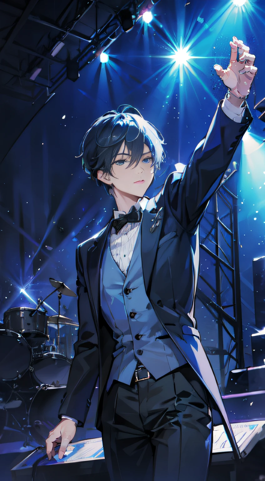 create an image of Mr. Blue, a famous singer, performing in a stage, at a concert, with lots of audience, mysterious tone, dark tone, highly detailed