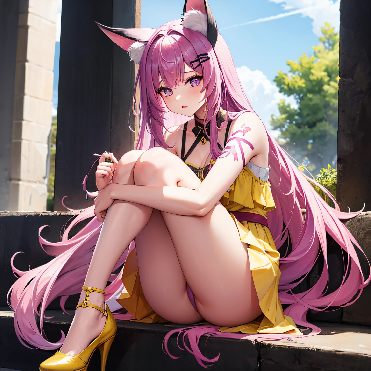 A -yeld giof average height with pink long flowing hair,fox ears and purple eyes, cross tattoo on left cheek. There are yellow hairpins on her hair and a yellow sundress., white shirt under sundress. Her shoes are yellow heels