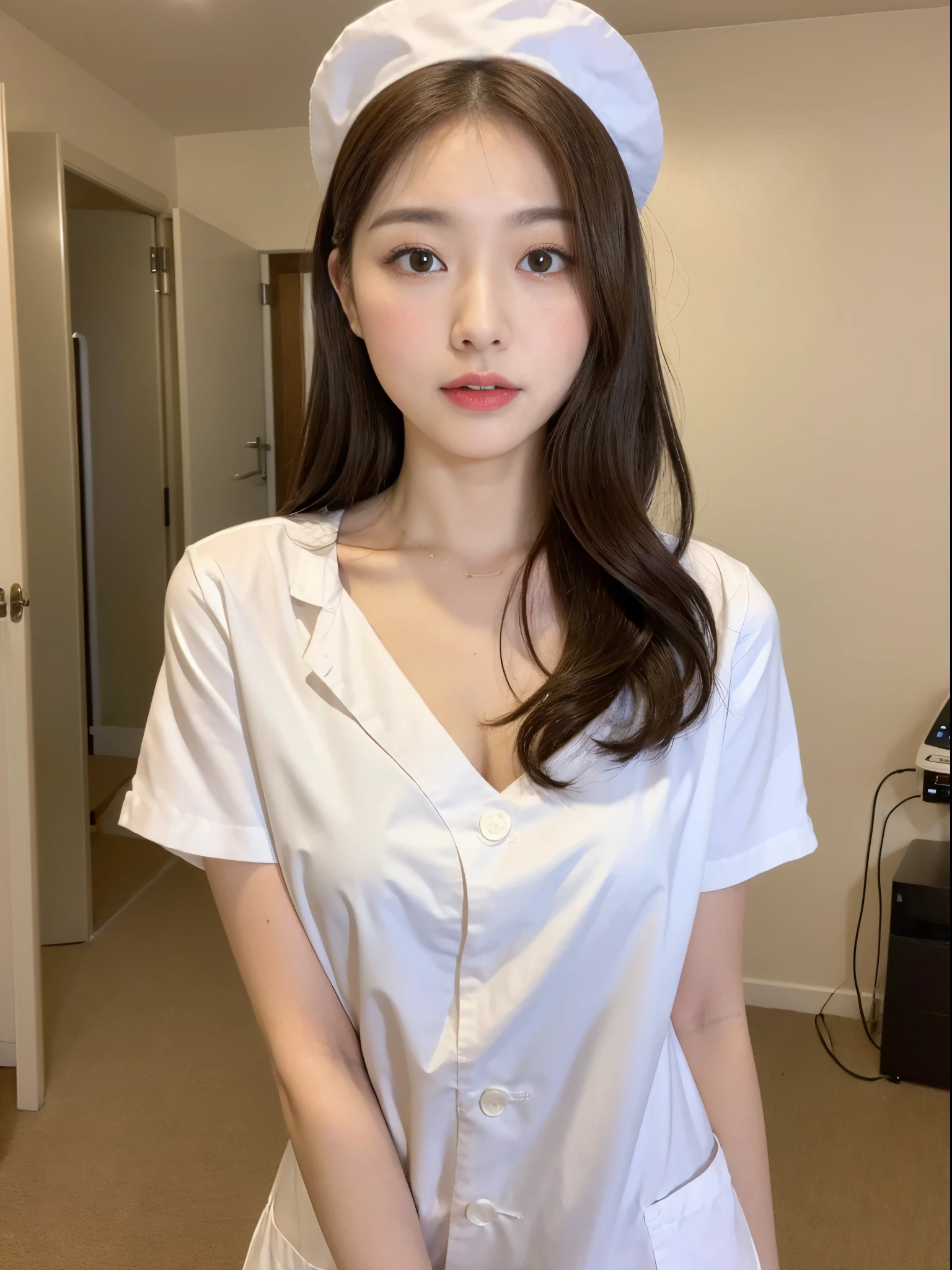 (top-quality、8K、32K、masterpiece、nffsw:1.2)、Photo of a cute Japanese woman、女の子 1 人、(Medium short dark brown hair)、(small tits)、二重まぶた、White nurse uniform、Little White Nurse (caps) 、White shirt、open-shirt、hospitals、Hospital Room、The upper part of the body、full bodyesbian