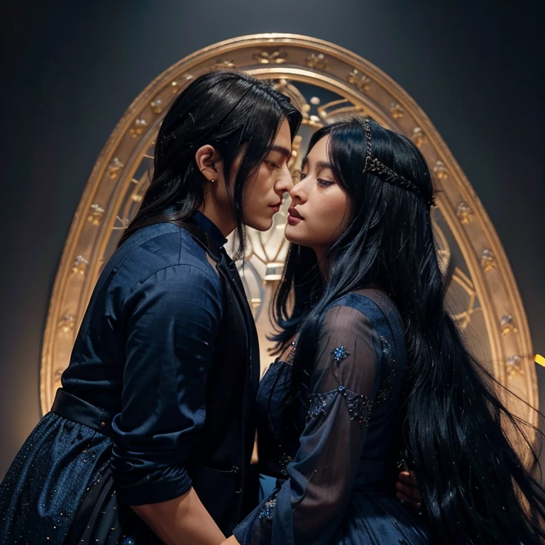jungkook in blue Vanitas outfit with  and long silky dark blue hairs kissing a brown girl who have long black hairs and short height and she  wearing a dark blue glitter pattern gown