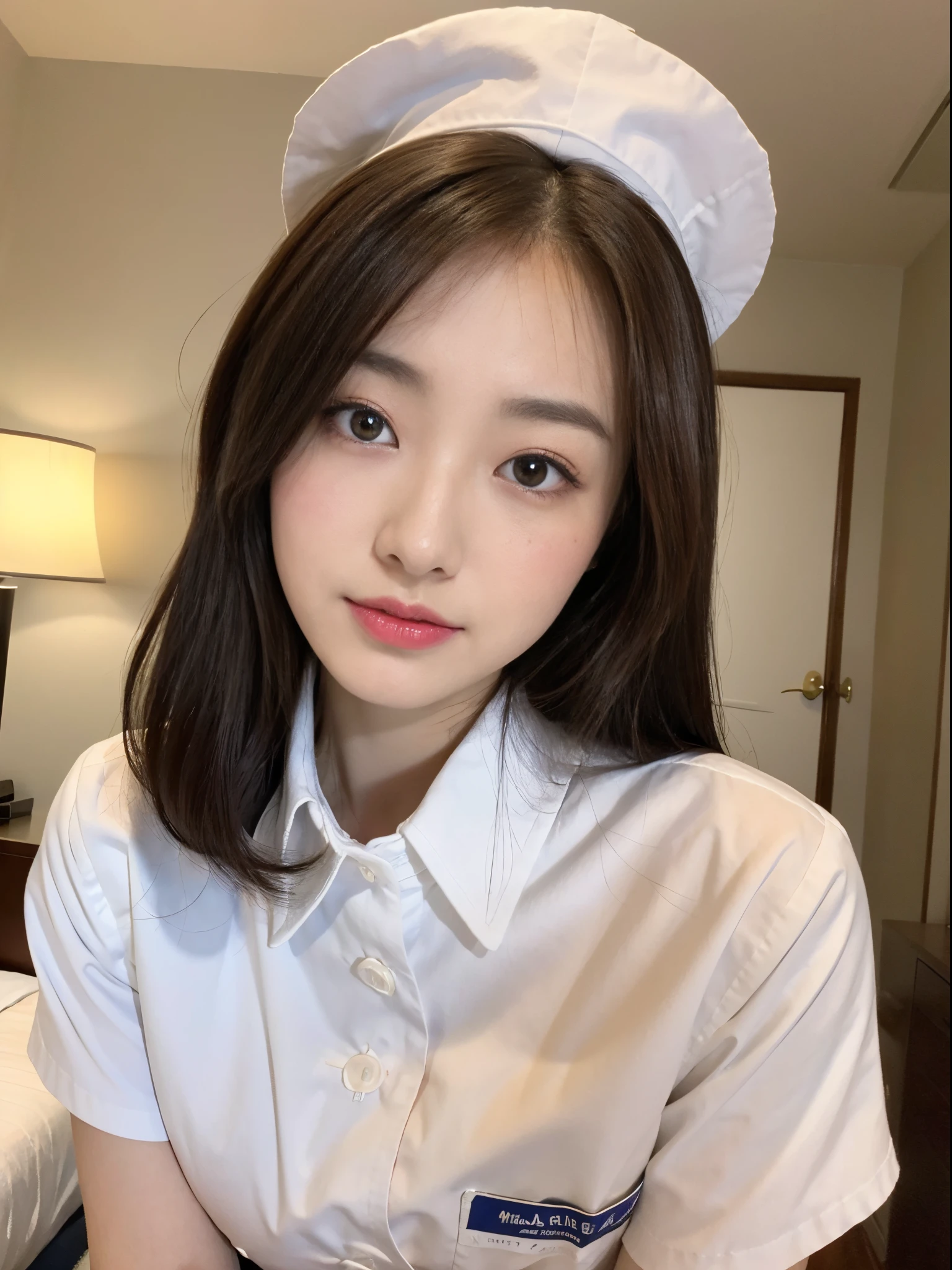 (top-quality、8K、32K、​masterpiece、nffsw:1.2)、Photo of a cute Japanese woman、女の子 1 人、(Medium short dark brown hair)、(small tits)、二重まぶた、White nurse uniform、Little White Nurse (caps) 、White shirt、open-shirt、hospitals、Hospital Room、The upper part of the body、breasts looking