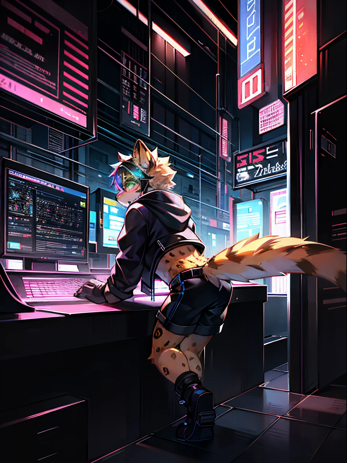 cheetah, male people, Alone, human character, (Bend over obstacles), 城市, from back, , (Neon Cyberpunk Jacket), Black goggles, Steam waves, Detailed lighting, (Black  shorts), cyber punk personage