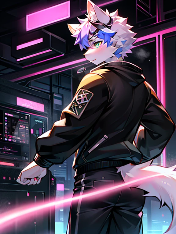white cat, male people, Alone, Crossing obstacles wearing black goggles), 城市, from back, , (Neon Cyberpunk Jacket),Black shorts, Earphone, Steam waves, detailed shadow, (dynamic blur (Background with)), cyber punk personage,The tail raised