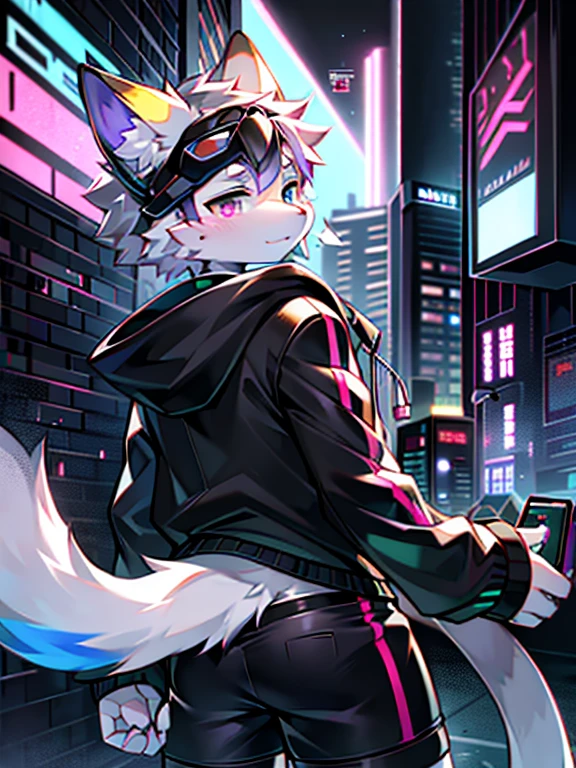 white cat, male people, Alone, Crossing obstacles wearing black goggles), 城市, from back, , (Neon Cyberpunk Jacket),Black shorts, Earphone, Steam waves, detailed shadow, (dynamic blur (Background with)), cyber punk personage,The tail raised