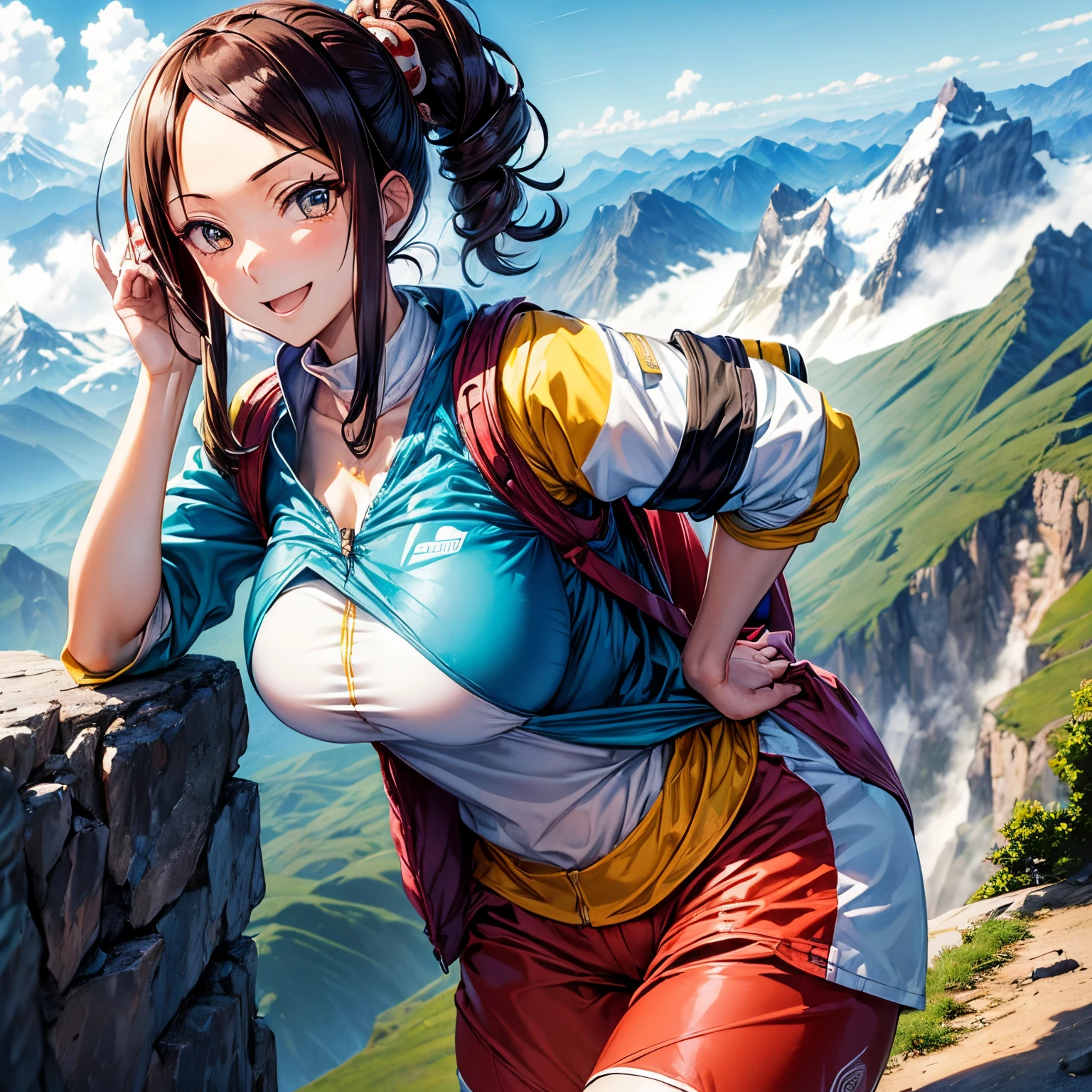 (masutepiece, best quali: 1.4),25 year old girl,Beautiful eyes,Colossal tits、Smile,good-looking,Cute,mountaineering,(Outdoor Clothing:1.4),Summer Mountain