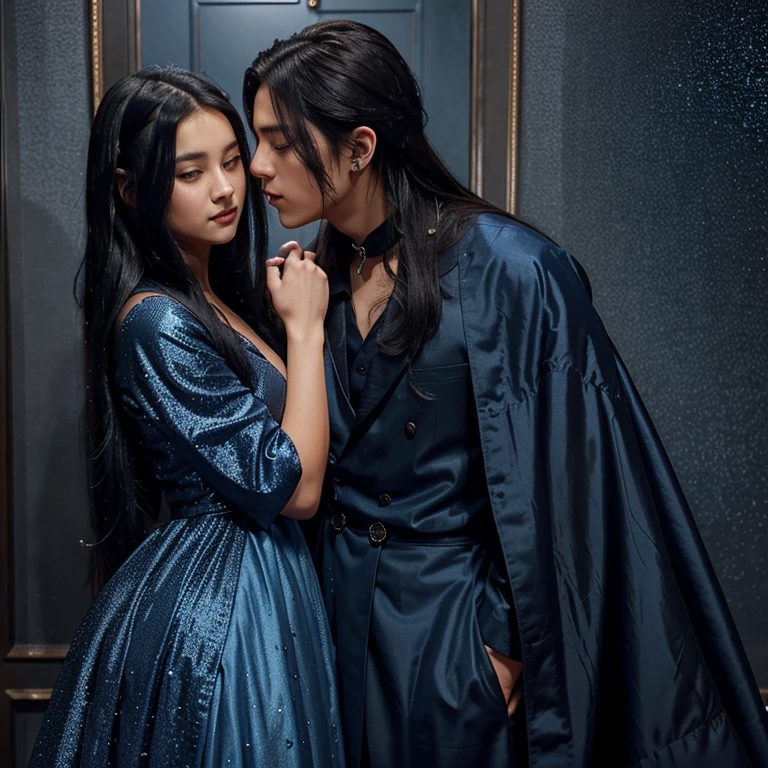 A boy jungkook in blue sexy outfit with and long silky dark blue hairs kissing a brown girl. The girl have long black hairs and short height and she's wearing a dark blue glitter pattern gown