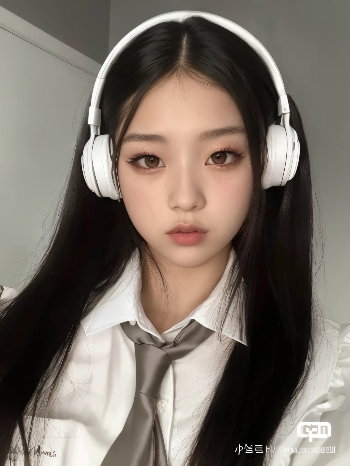 there is a woman wearing headphones and a tie with her eyes closed, com fones de ouvido, com fones de ouvido, Usando fones de ouvido, menina coreana, headphones on head, Ulzzang, menina usando fones de ouvido, Fones de ouvido ligados, Jisoo do Blackpink, jisoo do blackpink, usando fones de ouvido pretos, cruel korean goth girl, jossi do blackpink, Retrato de Jossi de Blackpink, jennie blackpink