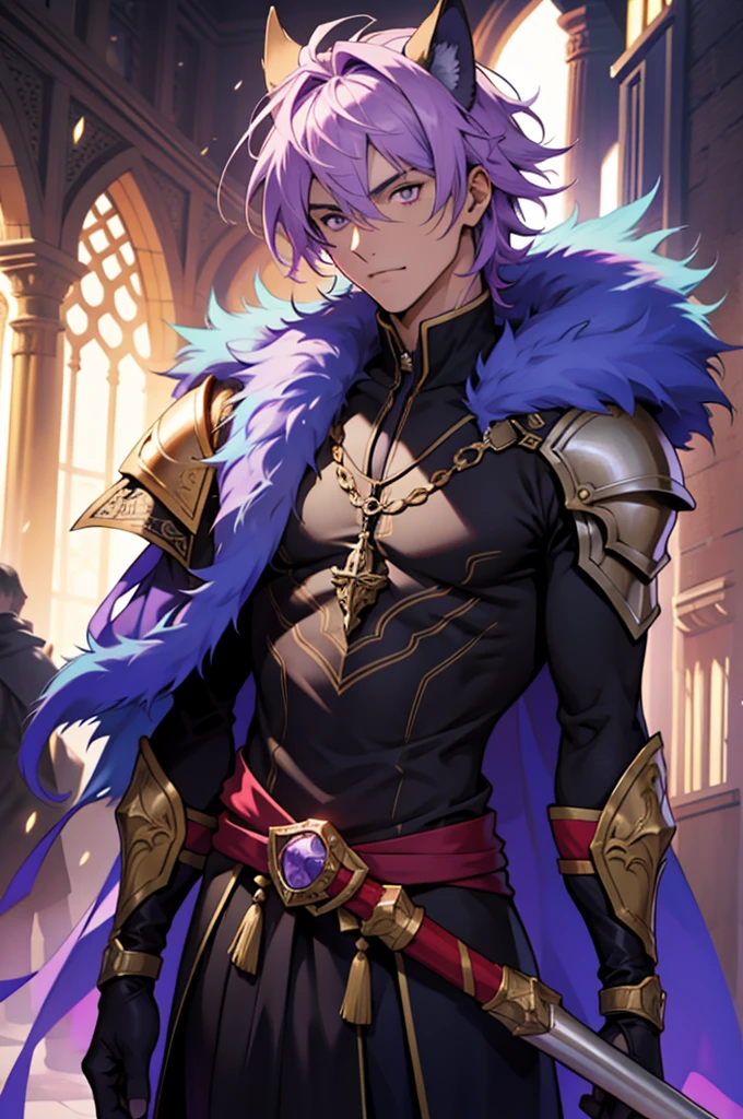 A teenage man, dark purple and pink hair, green eyes, warrior's outfit, medieval, fantasy, naked arms, powerful, smirk