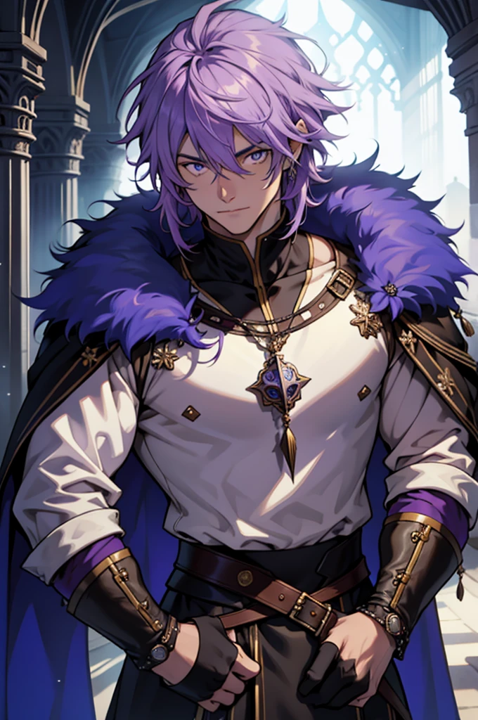 1 handsome guy, Strong, Light purple hair,Purple pupils,ultra - detailed, (s fractal art:1.4), rich colourful, detailed back ground,(Fractals in the background:1.2),Medieval knight,Animal fur,hight contrast, Ray traching, cinmatic lighting, (Start from the front:0.6)alchemic,Royal blue fur coat,With a spear in his hand