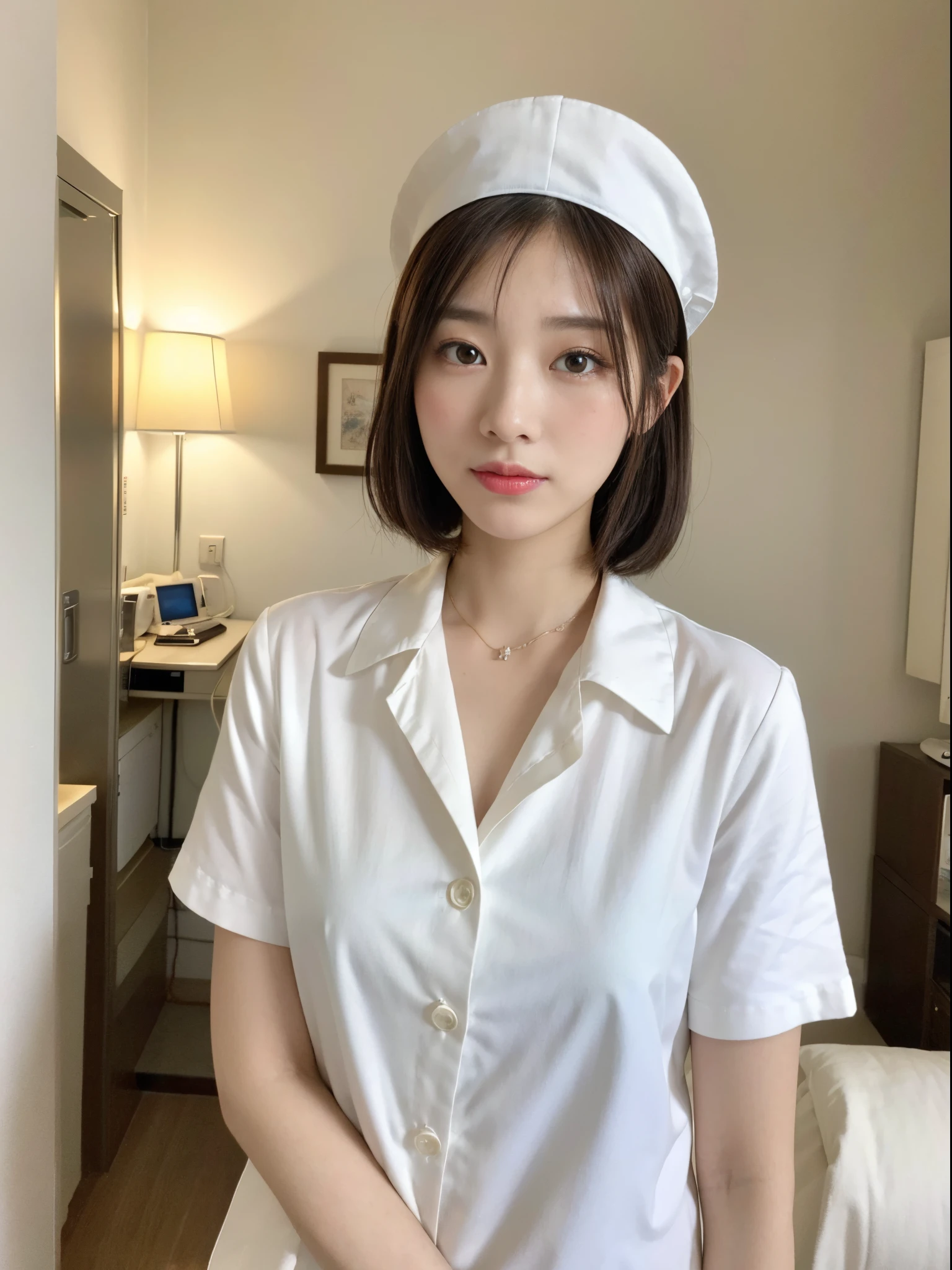 (top-quality、8K、32K、​masterpiece、nffsw:1.2)、Photo of a cute Japanese woman、*** 1 人、(Medium short dark brown hair)、(small tits)、二重まぶた、White nurse uniform、Little White Nurse (caps) 、White shirt、open-shirt、hospitals、Hospital Room、The upper part of the body、