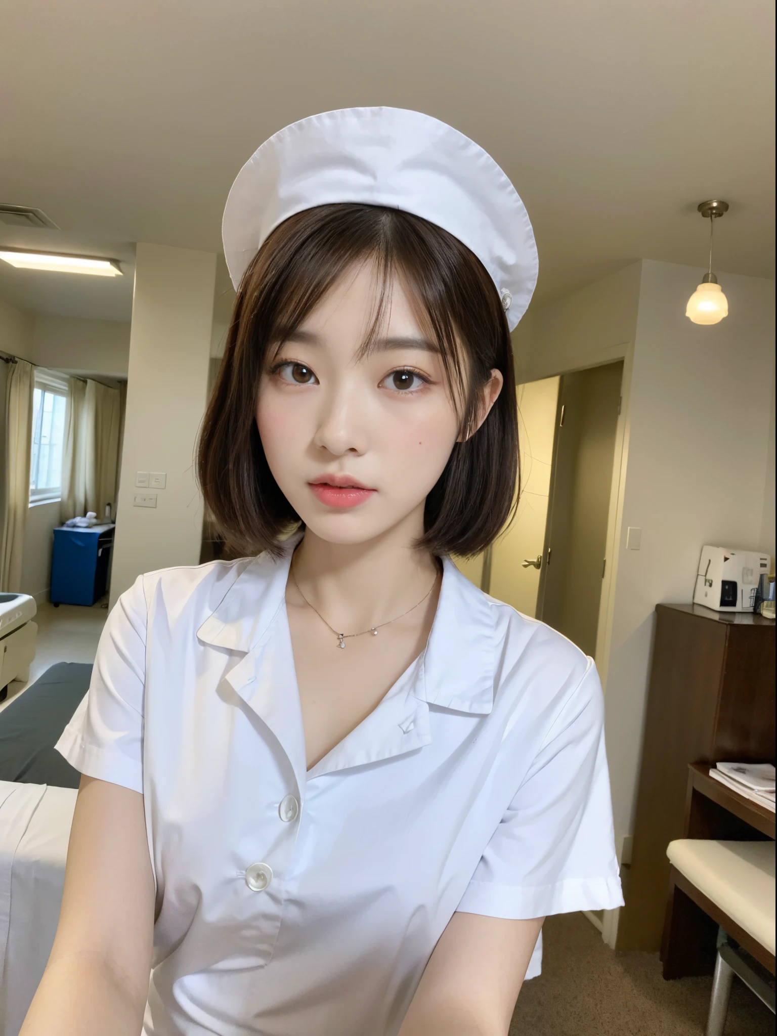 (top-quality、8K、32K、​masterpiece、nffsw:1.2)、Photo of a cute Japanese woman、女の子 1 人、(Medium short dark brown hair)、(small tits)、二重まぶた、White nurse uniform、Little White Nurse (caps) 、White shirt、open-shirt、hospitals、Hospital Room、The upper part of the body、You can see the valley