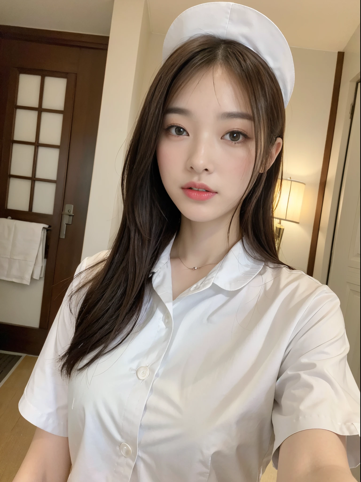 (top-quality、8K、32K、​masterpiece、nffsw:1.2)、Photo of a cute Japanese woman、女の子 1 人、(Medium short dark brown hair)、(small tits)、二重まぶた、White nurse uniform、Little White Nurse (caps) 、White shirt、open-shirt、hospitals、Hospital Room、The upper part of the body、You can see the valley