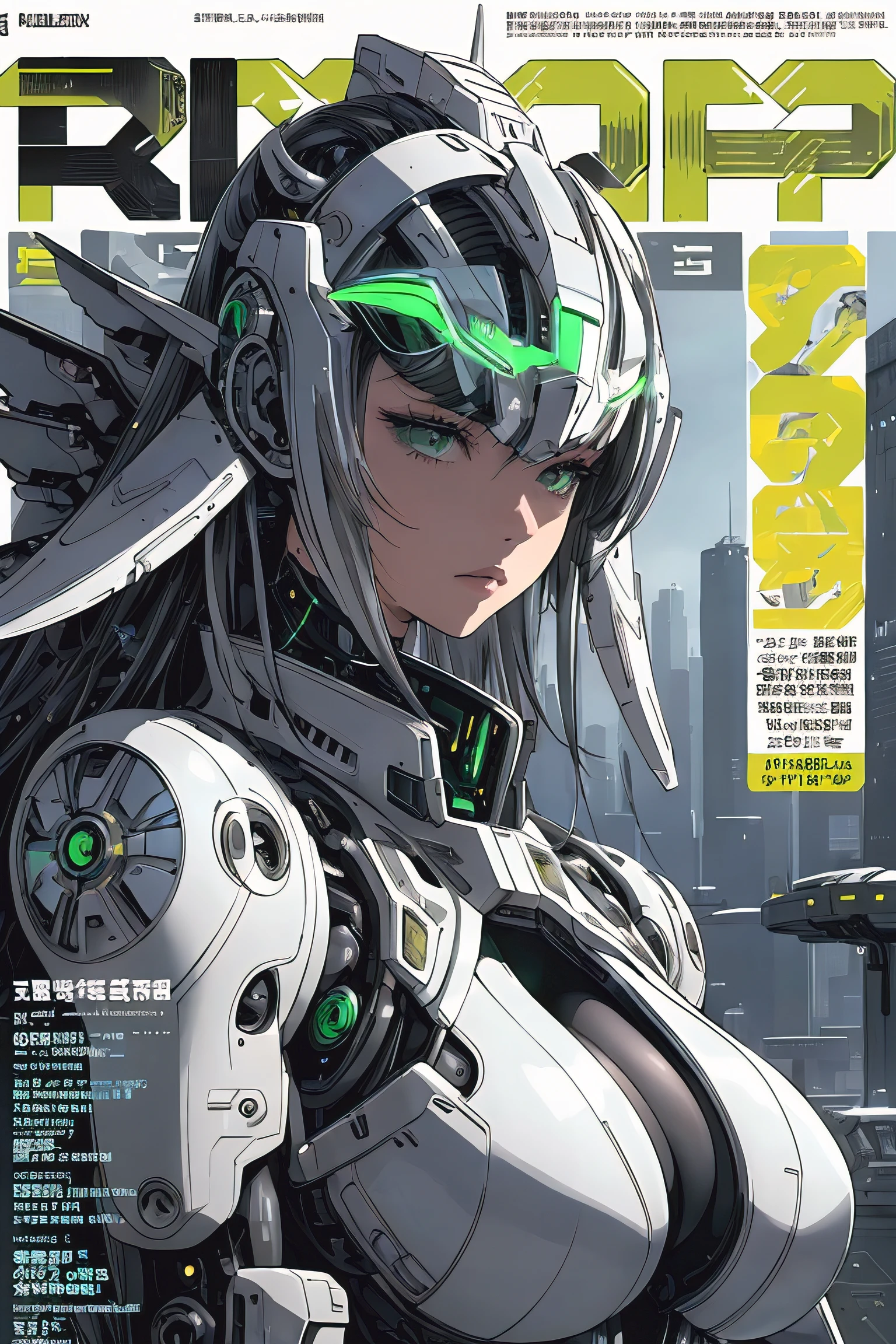 masterpiece, (best quality), (ultra-detailed), (ultra-realistic:1.2), landscape, sci-fi, transistorpunk, cyberpunk, biopunk, (magazine cover:1.4), (gray, white), female huge robot, visor, earring, mechanical angel wings on the back, angel wings, future town, dynamic pose, dynamic angle, big breasts, luxury, (gold, silver, green), neon