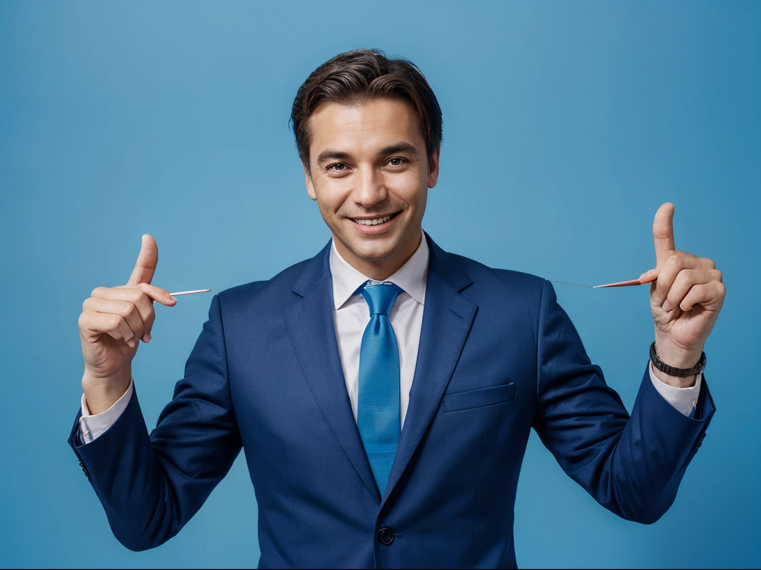 Portrait of cheerful businessman pointing at copy space for advertising against blue background