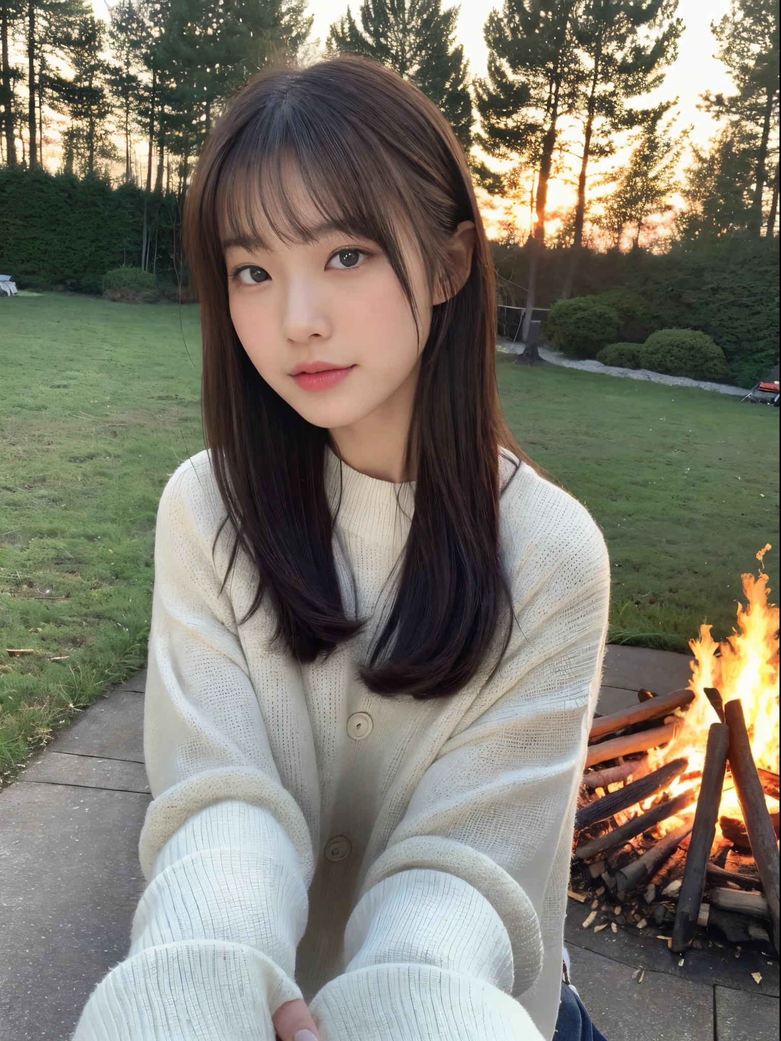(top-quality、8K、32K、masterpiece、nffsw:1.2)、Photo of a cute Japanese woman、女の子 1 人、(Medium short dark brown hair)、(small tits)、二重まぶた、camping at the foot of the mountain. Fuji、tome'White breath leaks in the cold season and winter.、bend down in front of the bonfire, But I held out my hand to get warmer.