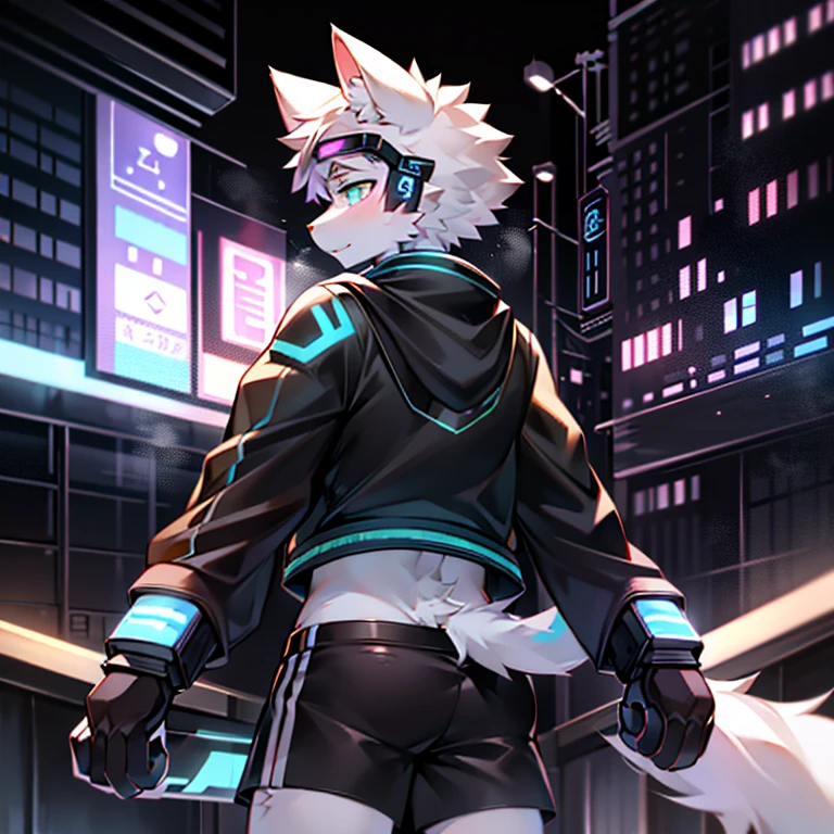 white cat, male people, Alone, Crossing obstacles wearing black goggles), 城市, from back, , (Neon Cyberpunk Jacket),Black shorts, Earphone, Steam waves, detailed shadow, (dynamic blur (Background with)), cyber punk personage,The tail raised