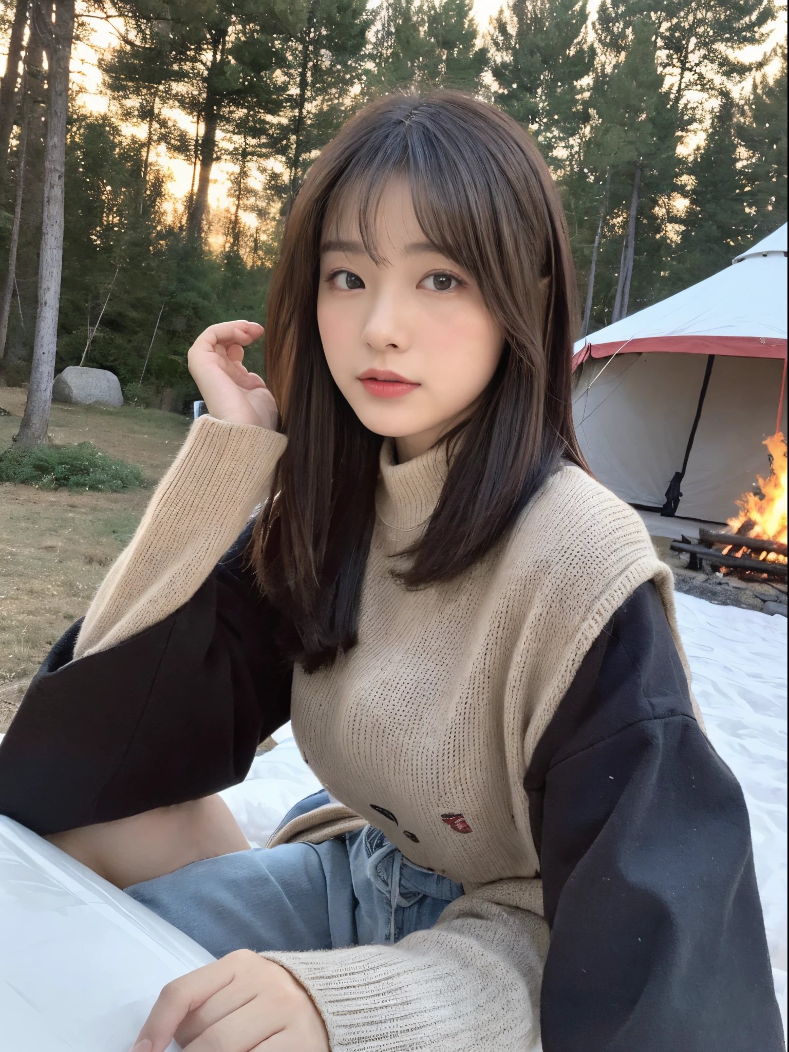 (top-quality、8K、32K、​masterpiece、nffsw:1.2)、Photo of a cute Japanese woman、女の子 1 人、(Medium short dark brown hair)、(small tits)、二重まぶた、camping at the foot of the mountain. Fuji、tome&#39;White breath leaks in the cold season and winter.、bend down in front of the bonfire, But I held out my hand to get warmer.