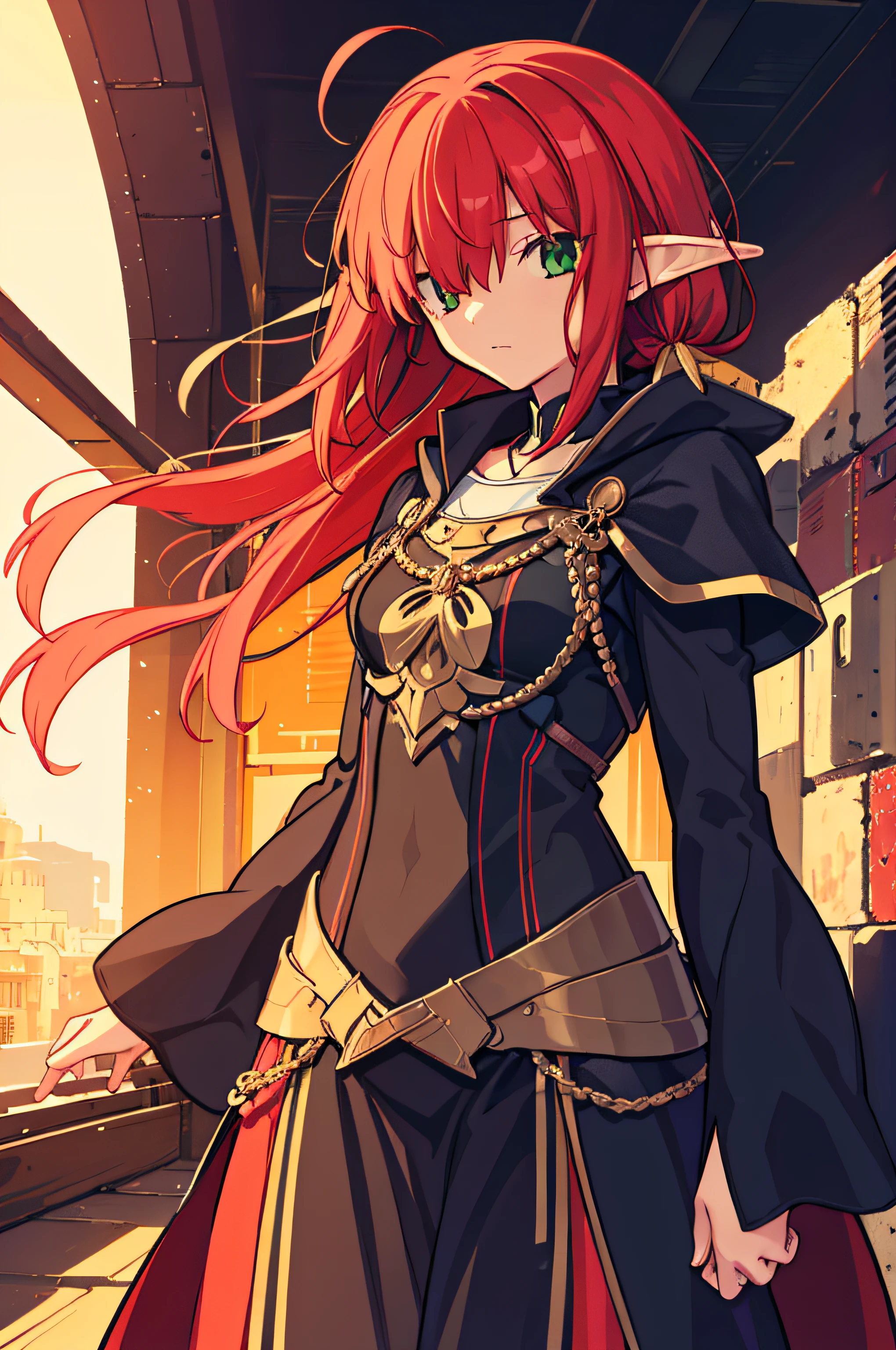 superfine illustration,1girl in,(simple background),Hair over one eye,Standing,Tachi-e,Cowboy Shot,Red hair,Green eyes,black knight wizard,Fantasy,elf-ears