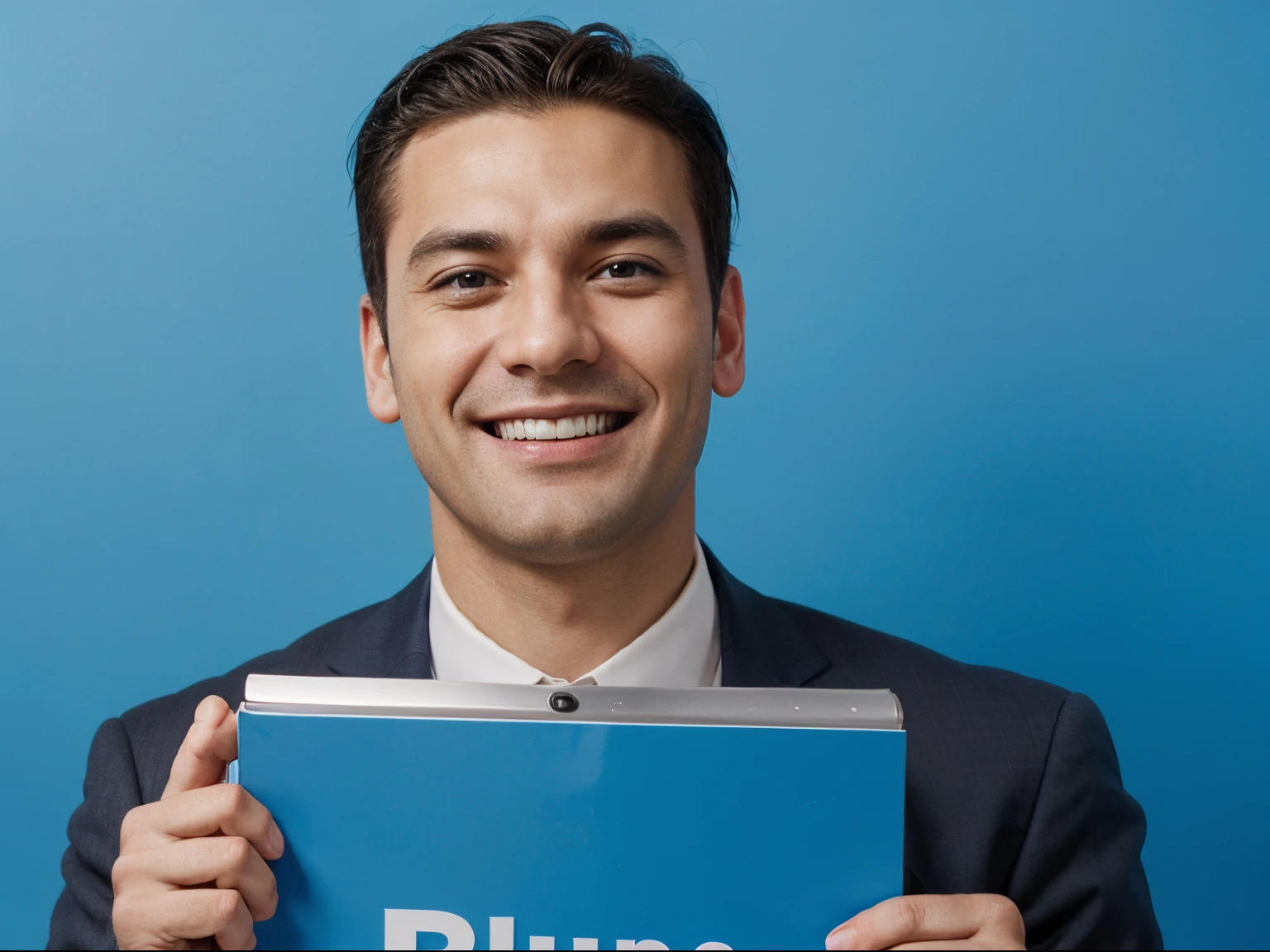 Portrait of cheerful businessman pointing at copy space for advertising against blue background