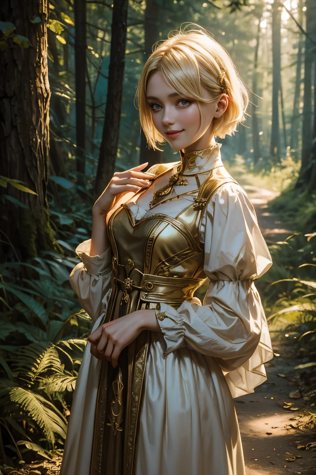 (Original Character, Unity 16K Wallpaper, masterpiece, Best Quality, Ultra-detailed, extremely details CG, Caustics, Cinematic lighting, Detailed, Beautiful detailed eyes, Solo, Oily skin), Ultra High Resolution, Fine skin, (strong lights), ((Brighten the subject)), The most cutest elf girl, Blonde short hair with blunt bangs, Ahoge, Green hair ornament, green eyes, (huge tits), Super long White dress with green cloak and gold accessories, Sweet smile, Holding a wand, in woods、