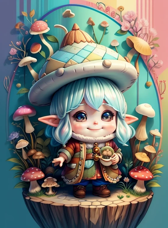 (cute baby girl gnome with smiling with a beautiful mushroom and flowers) Munchkin ,Geometric multidimensional wall portrait, livro de arte, Tchibi,
Yang08k, Beautiful, Colouring,
Obras, of the highest quality, best quality, Arte Oficial, Beautiful and Aesthetic,