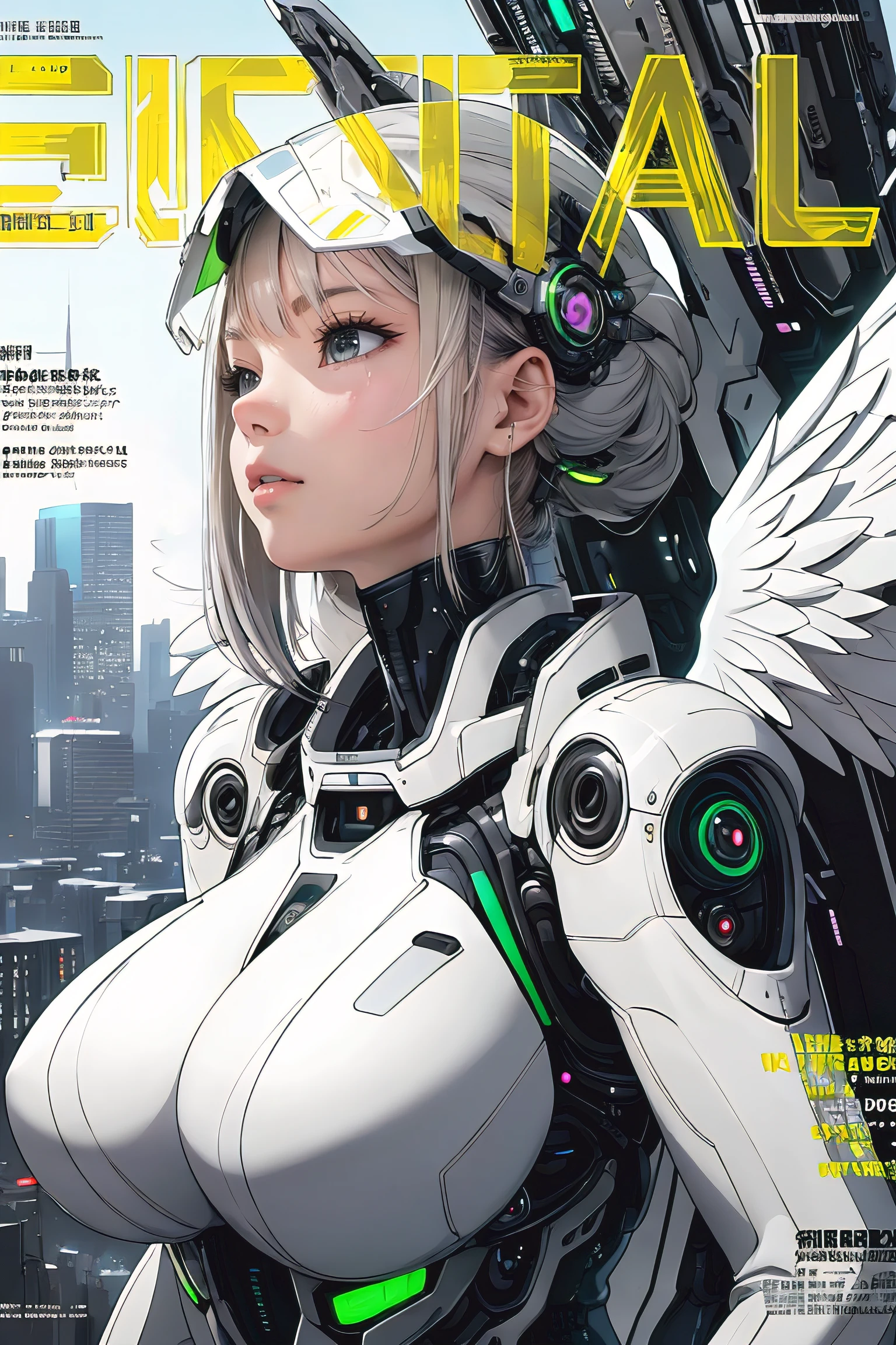 masterpiece, (best quality), (ultra-detailed), (ultra-realistic:1.2), landscape, sci-fi, transistorpunk, cyberpunk, biopunk, (magazine cover:1.4), (gray, white), female huge robot, visor, earring, mechanical angel wings on the back, angel wings, future town, dynamic pose, dynamic angle, big breasts, luxury, (gold, silver, green), neon