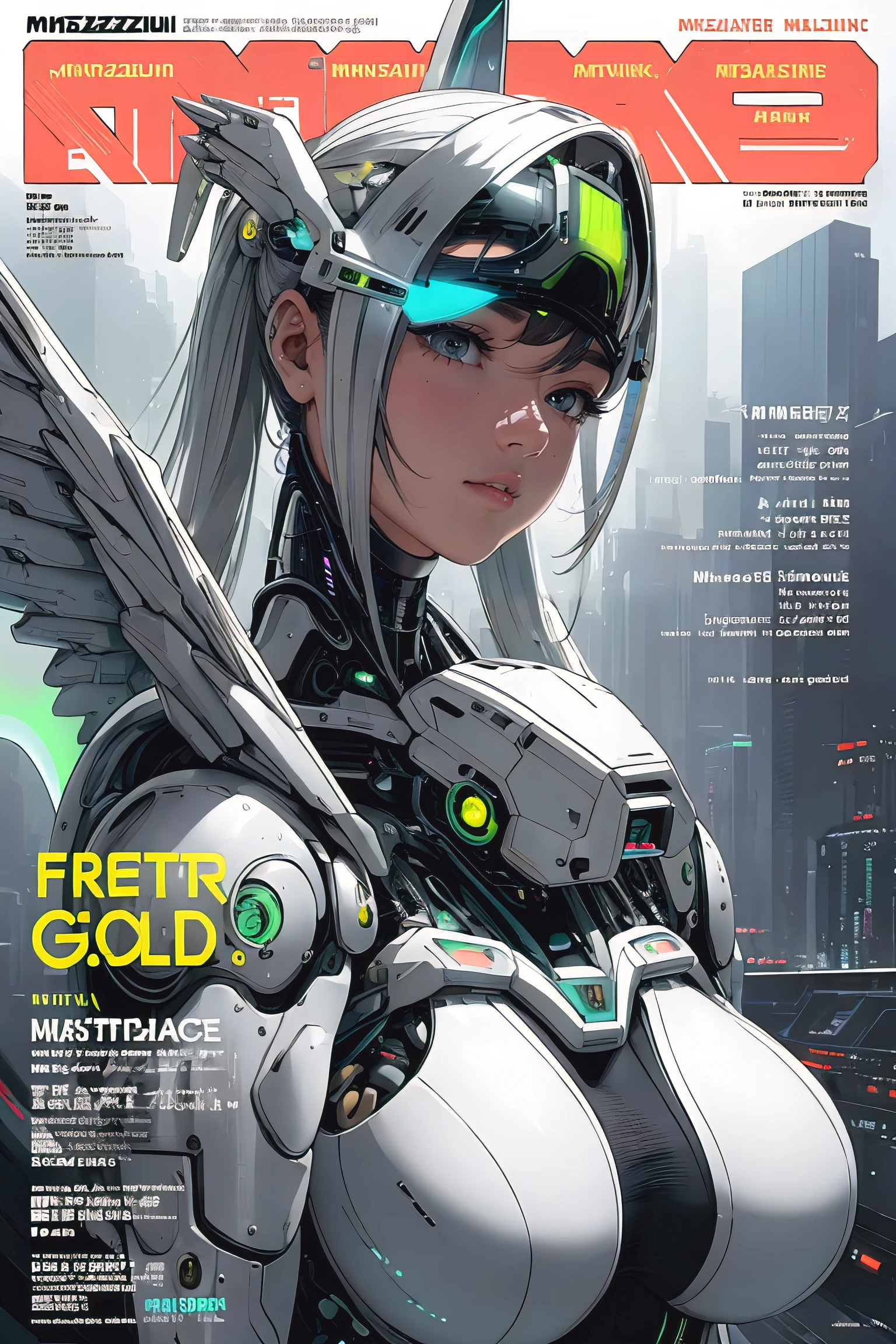 masterpiece, (best quality), (ultra-detailed), (ultra-realistic:1.2), landscape, sci-fi, transistorpunk, cyberpunk, biopunk, (magazine cover:1.4), (gray, white), female huge robot, visor, earring, mechanical angel wings on the back, angel wings, future town, dynamic pose, dynamic angle, big breasts, luxury, (gold, silver, green), neon