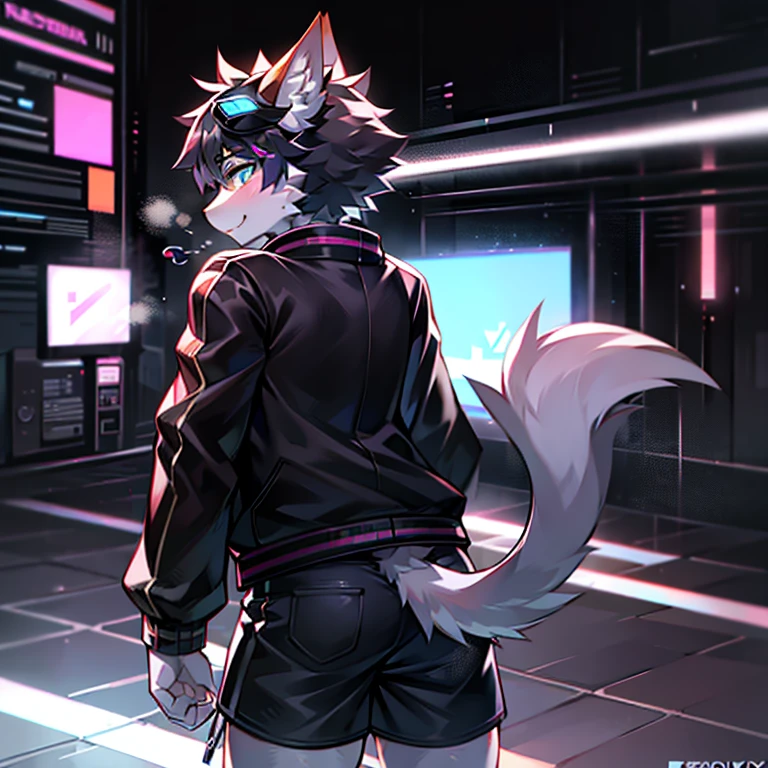 white cat, male people, Alone, Crossing obstacles wearing black goggles), 城市, from back, , (Neon Cyberpunk Jacket),Black shorts, Earphone, Steam waves, detailed shadow, (dynamic blur (Background with)), cyber punk personage,The tail raised,Cyberpsychosis