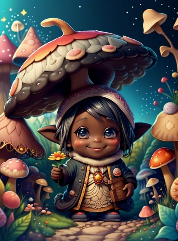 (cute black baby girl gnome with smiling with a beautiful mushroom and flowers) Munchkin ,Geometric multidimensional wall portrait, livro de arte, Tchibi,
Yang08k, Beautiful, Colouring,
Obras, of the highest quality, best quality, Arte Oficial, Beautiful and Aesthetic,