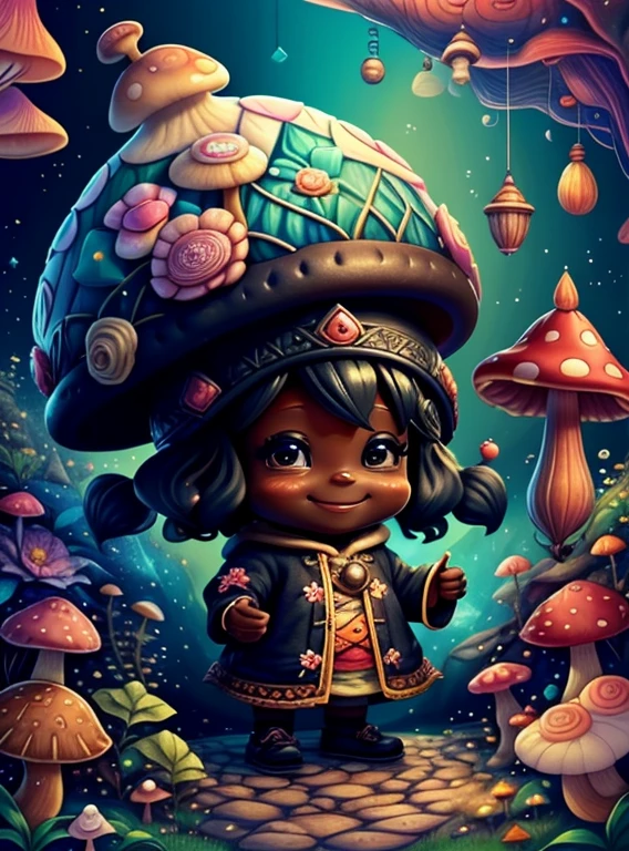 (cute black baby girl gnome with smiling with a beautiful mushroom and flowers) Munchkin ,Geometric multidimensional wall portrait, livro de arte, Tchibi,
Yang08k, Beautiful, Colouring,
Obras, of the highest quality, best quality, Arte Oficial, Beautiful and Aesthetic,