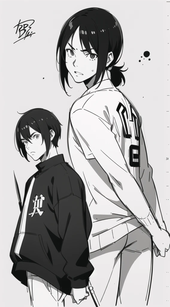 (Baseball). Ray tracing. Joy ((ink style, sketch, b&w)) Sweater. (ink) (paint drops) ((sketch, drawing style, manga style)). 1 boy, young boy with a long mullet haircut, big lips, oval face, teenage, slim. Ray tracing.