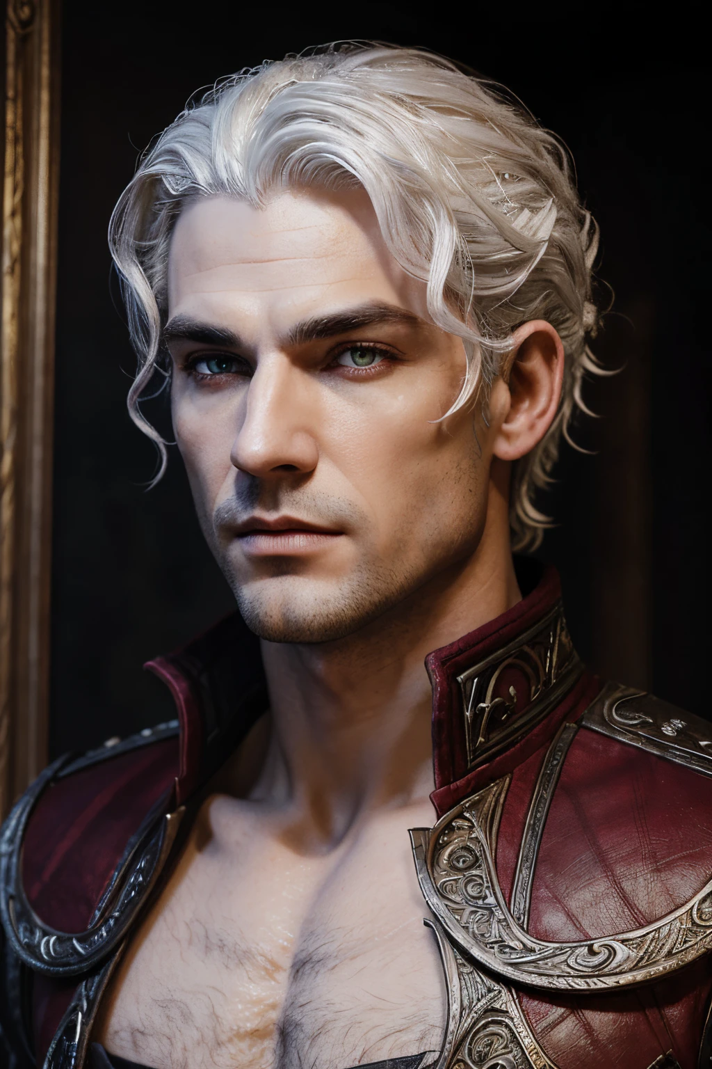 (masterpiece,newest,exceptional:1.2), realistic, best quality, 1man, handsome face, perfect face, astarion from baldur's gate 3, astarion, red eyes, white hair, white eyebrows, white eyelashes, wavy curly hair, vampire, fantasy clothing, v shaped jaw, middle age, beautiful face, dark red iris, Astarion bg3