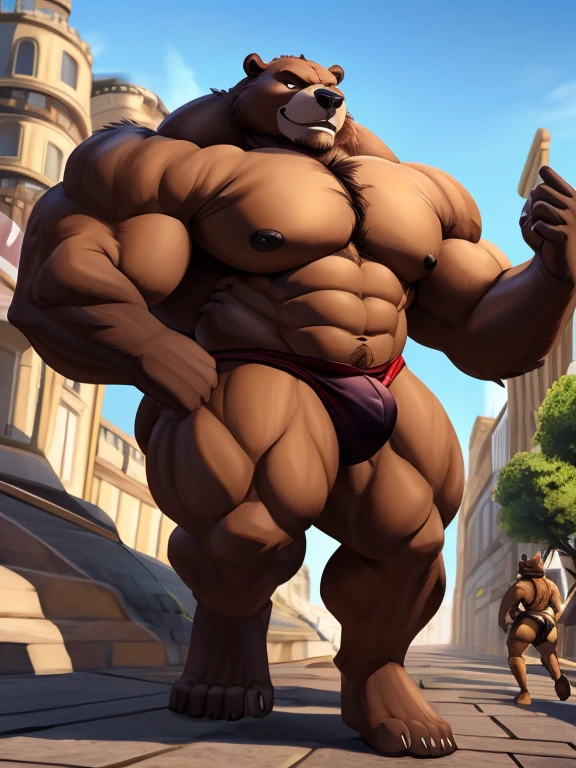 ((RAW photos)), ((tmasterpiece)), Anthropomorphic humanoid brown bear bodybuilder wearing street clothes, walking on the crowd, Complicated details, Complex works by Gribors, the city behind, Manteau, heavy muscular figure, muscular arms, massive bulge，small heads, , Ogre, Titan, gentlesoftlighting