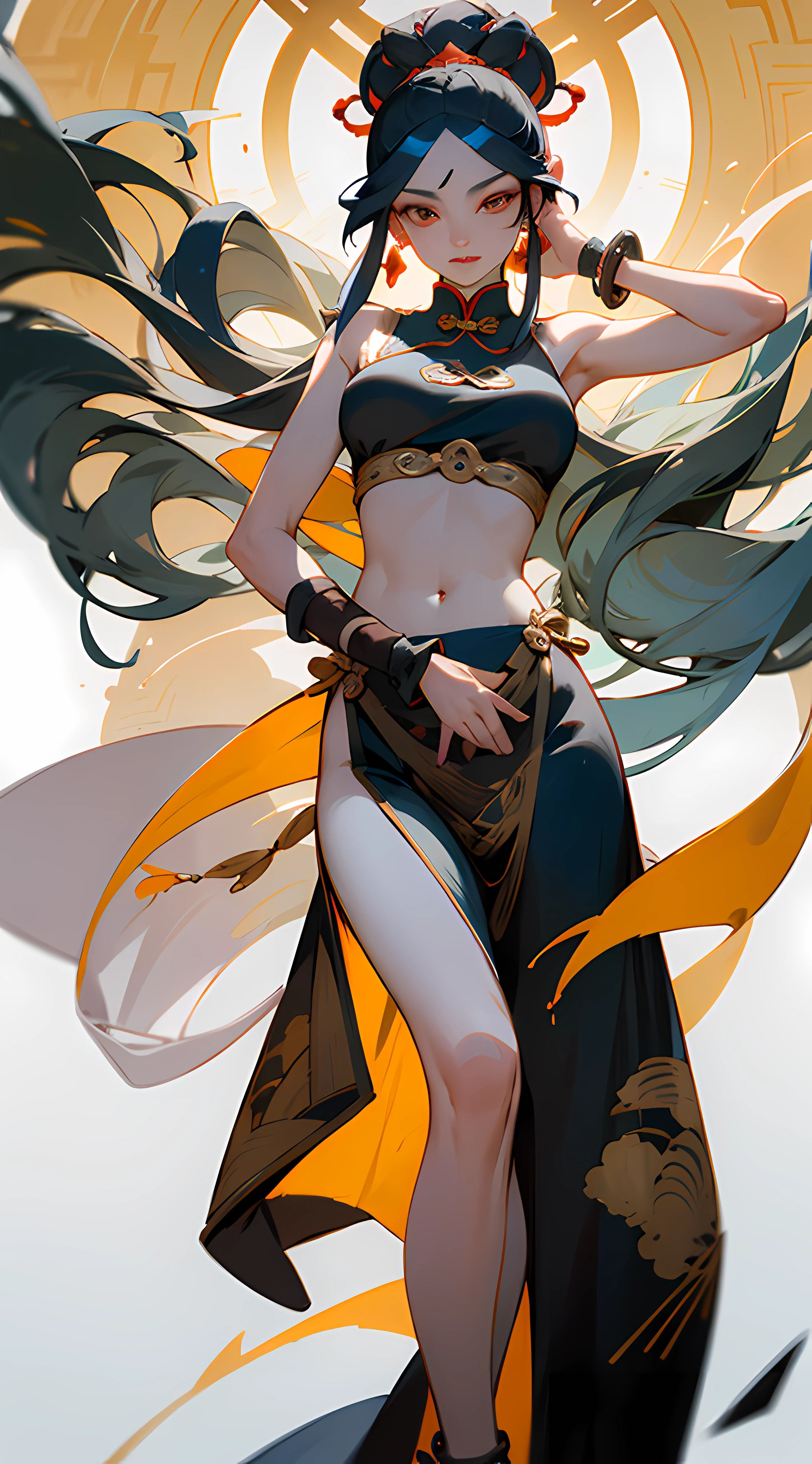 ((masterpiece:1.3)), ((best quality:1.3)), ((ultra_detailed:1.3)), Dunhuang, beautiful woman, traditional costume, elegant, long hair, updo, cloud-like temples, hidden hand movements, dynamic actions, dance, flying, mural background, diffraction effect, realistic, skin texture ,In the ancient city of Dunhuang, a stunningly beautiful woman dressed in traditional costume captivates the scene. Her elegant attire flows gracefully as she moves, her long hair intricately styled in an updo adorned with delicate accessories. The clouds of her temples, painted on the murals behind her, seem to come alive with vibrant colors, adding to the visual spectacle. As she performs a dynamic dance, her movements are accompanied by hidden hand gestures, showcasing her skill and grace. She appears to be soaring through the air, as if defying gravity, creating a sense of awe and wonder. The composition is rendered with remarkable detail, capturing the intricate patterns of her costume, the texture of her skin, and the diffraction effect of the surrounding light. The realistic portrayal makes it feel as if one is witnessing this mesmerizing performance in person, with every brushstroke and line coming to life. This composition is a true masterpiece, combining the beauty of Dunhuang's artistic heritage with the elegance and dynamism of the female figure. It is a visual treat that showcases the richness of the culture and leaves a lasting impression on the viewer. --auto --s2