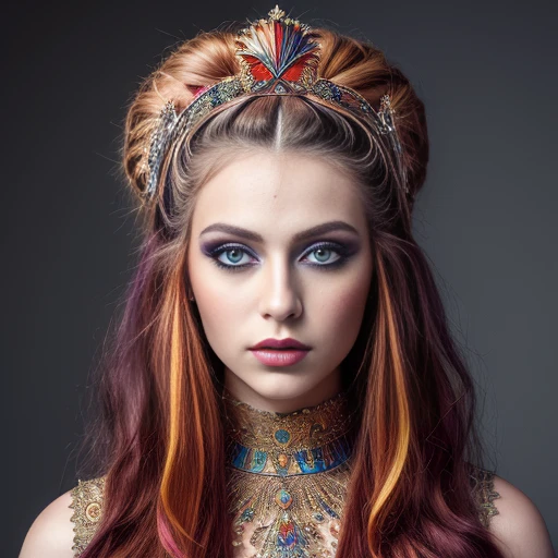 (masterpiece,best quality,ultra detailed,4k portrait:1.5),Beautiful young Russian girl, perfect style: 1.3, very pigmented hair and skin, eccentric makeup, eccentric fashion, full body image